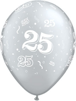 11' Silver Latex Balllonn, Covered with graphic number 25 and confetti in white