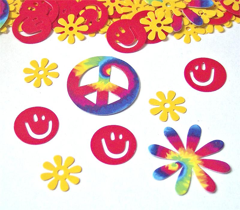 Smiley Face Confetti,; Bright Retro Flower Confetti; Accented with tie dye 