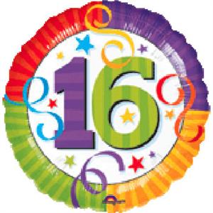 Mylar Balloon with a large number 16 in bright colors