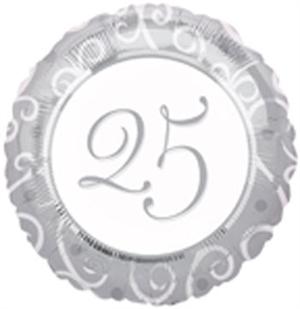 25th Anniversary Balloon. Silver Filigree with number 25