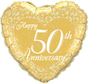 Gold 50th Anniversary Balloon, Heart Shaped Gold 50th Anniversary Balloon, Heart Shaped