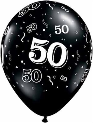 50th Birthday Balloon, Black and White Latex, has 50 all around balloon