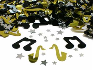 Black music note confetti, gold saxophone confetti